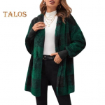 Naiste kampsunmantel avatud esiosa kapuutsiga pikkade varrukatega ruuduline tr&uuml;kitud kudumismantel lahtise l&otilde;ikega keskmise pikkusega kudumid S tumepruun v&auml;rv