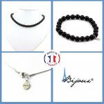 Pierres et Min&eacute;raux. Parure bijoux Bracelet Collier perles Agate noire 8 mm. Chaine en Taille personnalisable.