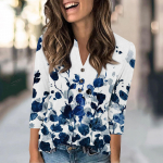 Naiste mood vabaaja lahtine 3/4 varrukatega tr&uuml;kiga &uuml;mmarguse kaelusega topp L sinine