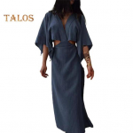 Naiste V-kaelusega maksikleit Seksikas v&auml;ljal&otilde;igetega l&uuml;hikeste varrukatega kehakontuure j&auml;rgiv l&otilde;ik, l&otilde;hikuga Suvine puuvillasegust linane pikk kleit rannapuhkuseks S