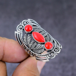 Italian Red Coral Handmade 925 Sterling Silver Gift Jewelry Ring Size 9 h7g55