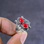 Red Coral Handmade 925 Sterling Silver Jewelry Ring Size 9 Gift For Her n0w16