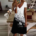 Suvemood naiste V-kaelusega l&uuml;hikeste varrukatega lillega tr&uuml;kitud kleit Seks-l&uuml;hikese seelikuga kleidid XS