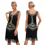 Vintage Gatsby balli kleit, &uuml;mmargune kaelus, litritega tikitud traksid, suur kleit 2XL must