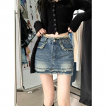 Raw Edge k&otilde;rge v&ouml;&ouml;kohaga teksaseelik L&uuml;hike naiste seelik Suvine Plus Size Package Hip A-line seelik pool keha S sinine