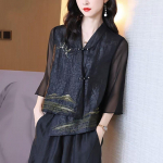 Naiste siidist vintage tikitud as&uuml;mmeetrilised pluusid kevadsuvi elegantsed hiina stiilis disainiga kardigans&auml;rgid Blusa Mujer Moda XL must