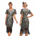 Naiste Flapper Kleit 1920ndad V-kaelus Helmetega &Auml;&auml;ristatud Suur Gatsby Kleit L&uuml;hikeste Varrukatega Vintage Flapper Kleit L kuld