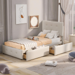 Polsterdatud Voodi 90 x 200 cm Voodi Lamelliga Raamiga, Peatsiini ja Kahe Sahtliga, Nahas&otilde;bralik Sametkangas Beež Madal &Uuml;hekohaline Voodi (ilma madratsita) 210 x 99 x 106 cm beež