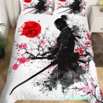 Jaapani Samurai Voodipesu Komplekt T&auml;issuuruses Kirsipuude Tekikate Punane P&auml;ike Hokusai Tekikate Fuji M&auml;gi Tekikate EU Single 135*200cm/53x79in 3pcs black