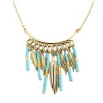 7bis [Q6245] - Collier artisanal 'Boho' turquoise dor&eacute; (plumes) - 40x35 mm t&uuml;rkiissinine