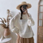 Johnature Ruffles kaelarihm Lihtne vintage linane naiste &uuml;hev&auml;rvilised s&auml;rgid kevad-s&uuml;gis lahtised k&otilde;ik sobivad naiste pluusid One Size beež