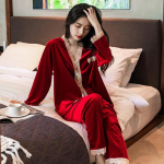 Button -Down Nightwear Sexy Lady Pidžaama komplekt Velvet Sleepwear Koduriided P&uuml;kstega 2tk Pidžaama Pour Femme Lingerie Loungewear L burgundiapunane