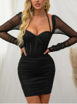 V&otilde;rkkleit p&auml;itsetega kondiga pikkade varrukatega, v&auml;ljal&otilde;igatud, l&auml;bipaistev lapiline keha Bodycon korsettkleit Naiste peokleit mustad kleidid S must