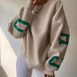 S&uuml;gis- ja talvine hip-pop, uued naiste paksud &uuml;mara kaelusega kirjatr&uuml;kiga &uuml;lisuured dressipluusid XXL khaki