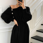 S&uuml;gis- ja talvine vintage Turtleneck Chic Button Kahe kandmisega kampsun seelik Kvaliteetne pits-up v&ouml;&ouml;koht kootud kleit. XXL must