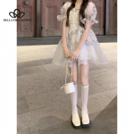 Korea stiilis armas disain, pingul v&ouml;&ouml;koht, mullivarrukas, tutu seelik, lamineeritud volangidega ebaregulaarne seelik, lillemustriga l&uuml;hike kleit XS valge