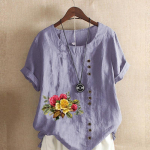 Naiste moodne &uuml;mara kaelusega l&uuml;hikeste varrukatega T-s&auml;rk vabaaja puuvillane linane graafiline s&auml;rk vaba aja lillede ja taimede prinditud suvepluusi topid suures suuruses M roosa