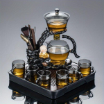 1 Komplekt Laisk teekomplekt Magnetiline veejuhtimine P&ouml;&ouml;rleva kaanega kauss Teekann Automaatne klaasist teekann Teepurk Teetassid Teekand Hiina Kung Fu teekomplekt Tea Maker + 6 Cups + Square Tea Tray