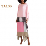 Naiste kleit Ebaregulaarne voolav &auml;&auml;ris triibuline tr&uuml;kitud paadikaelus pikkade varrukatega, v&auml;rviga sobiv avar sirge ballipeokleit pendeldamiseks S beež