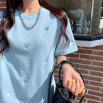 Naiste suvine l&uuml;hikeste varrukatega kaelus avara tikandiga Love Heart Pullover T s&auml;rkpluus Top L sinine