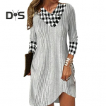 Naiste s&uuml;gistalvine kleit V-kaelusega ruuduline, v&auml;rviga sobiv avara pikkade varrukatega lapiline triibuline pehme soe, &uuml;le p&otilde;lve ulatuv minikleit XL valge