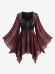 Rosegal Plus Size Flare Varrukad Ruuduline Tr&uuml;kitud Kett Ruched PU rihm Grommet Pandl As&uuml;mmeetriline Korsett Top L must