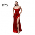 Naiste &otilde;htukleit, spagetirihm, madala l&otilde;ikega &otilde;lgadeta seljata, varrukateta l&otilde;hikuga plisseeritud maksikleit, satiinist pulmakleit pidulikul ballil S roheline