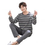 Yousheng 2 tk/kompl Meeste pidžaamakomplekt O-kaelusega pikkade varrukatega triibulise mustriga &uuml;laosad elastse v&ouml;&ouml;kohaga pikkade p&uuml;kste komplekt kodu puhker&otilde;ivaste komplekt XXL