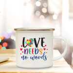 Armastus ei vaja s&otilde;nu Autismiteadlikkus Valge k&auml;epidemega tass kohvitee emailiga kruus joogiveetopsid Parimad kingitused autistidele 360ml