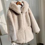 Talvine paks soe kunstkarusnahast mantel naiste kapuutsiga pikkade varrukatega kunstkarusnahast jope Luksuslikud talvekarusnahast mantlid S beež