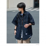 Jaapani retromoebr&auml;ndi suvine lahtine teksariie l&uuml;hikeste varrukatega s&auml;rk, kunstiline noorte t&ouml;&ouml;riiete s&auml;rk, meeste ja naiste kihiline jakk M tumesinine v&auml;rv