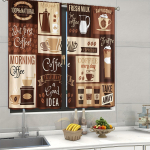 2tk 3D-kohviillustratsioon kohvikardinapuu tasku must k&auml;sitsi maalitud kohvielement, tr&uuml;kitud valgust filtreeriv k&ouml;&ouml;gikardin 2x68W165H(CM)&Rod Pocket