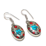 Natural Tibetan Turquoise, Coral Gemstone Handmade Jewelry Earring 1.46 l9w85