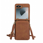 Nahast rahakoti kaardihoidja &uuml;mbris Samsung Galaxy Z Flip 6 5 4 3 ZFlip Flip6 Flip5 Flip4 Flip3 jaoks koos Crossbody kaelapaela koti kaanega For Samsung z flip 5&Case & Strap pruun