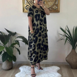 Suurem&otilde;&otilde;duliste naiste uus leopardi mustriga taskutega vabaaja lahtine tr&uuml;kiga l&uuml;hikeste varrukatega kleit 5XL roheline