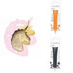 Kit pour biscuit en relief Licorne + 2 Stylos au chocolat orange et noir