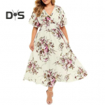 Naiste kleit V-kaelusega k&otilde;rge elastse v&ouml;&ouml;kohaga lilleprint A-l&otilde;ikeline suure &auml;&auml;rega volangvarrukatega plisseeritud pluss suuruses maksikleit XXXXXL aprikoosi