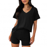 2 tk/komplekt naiste T-s&auml;rkide, l&uuml;hikeste varrukatega, V-kaelusega, &uuml;hev&auml;rvilised lahtised topid, k&otilde;rge v&ouml;&ouml;kohaga minip&uuml;ksid, sportlik riietus, vabaaja igap&auml;evane dressip&uuml;ksid M tumesinine v&auml;rv