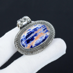 Naturaalne Oranž Sodalite Kivist H&otilde;bedane Ripats 925 Sterling H&otilde;bedas - K&auml;sitsi Valmistatud Disain, Igap&auml;evane Kaelakee Ehted, Antiikne Ripats Padi Kingitused 2.36"