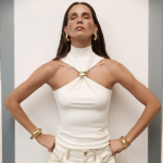 Moodne Metallr&otilde;ngaga Tanktop Naistele 2025 Suvi Y2k &Uuml;hev&auml;rviline Varrukateta Patchwork Top Daamidele Puhkus Slim Peo Elegantne Top S beež