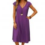 Naiste suvine puuvillase ja linase midi-kleit V-kaelusega l&uuml;hikeste varrukatega taskutega vabaaja rannakleit A-l&otilde;ikeline suvekleit S