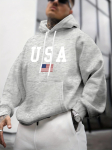Meeste s&uuml;gisene ja talvine vabaaja mood lahtine Ameerika lipuga graafilise prindiga pikkade varrukatega kapuutsiga dressipluus soe pullover S gray
