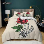 Kolju tekikott Queen Size Gooti Skelett Voodipesukomplekt Roos Lill Pol&uuml;ester Tekikott Lastele Teismelistele T&auml;iskasvanutele Halloween EU Single(135*200cm)3pcs