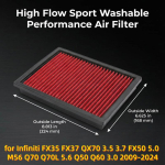 for Infiniti FX35 FX37 QX70 3.5 3.7 FX50 5.0 M56 Q70 Q70L 5.6 Q50 Q60 3.0 2009-2024 High Flow Sport Washable Air Filter 33-2409
