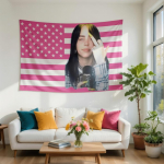 Viiruslik Billie Eilish'i seinavaip Roosa Ameerika lipp Premium tasaprint Seinale riputatav dekoratsioon 125x150cm (50x60in) pink