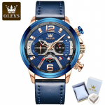 OLEVS 9915 koos kinkekarbiga, kolme silmaga kronograafi suure sihverplaadiga veekindel kalender meeste k&auml;ekell sinine