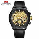 VA VA VOOM meeste tippspordikellad Moekujundus luksuslik kuldne must roostevabast terasest kvartsist liikumiskalender veekindlad meeste k&auml;ekellad Leather strap must
