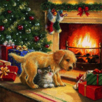 T&auml;is&uuml;mmargune teemantmaaling j&otilde;ulukoerte teemanttikandid kassi ristpistes loomade mosaiik talvel k&auml;sitsi valmistatud kingitus Full Round 20x20CM