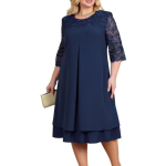 Pidulik kleit Elegent Beauty Daami Kleit Tikand Suures Suuruses Midi Kleit Avara &uuml;mara kaelaga lilleline v&otilde;rkl&otilde;ng 3XL tumesinine v&auml;rv