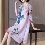 Design sense retro temperament pleated mid-length a-line skirt summer new product three-quarter sleeve thin dress female M roosa